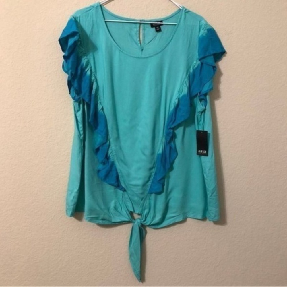 a.n.a. Top Blue Tie Dye Ruffle Tie Trendy Boho